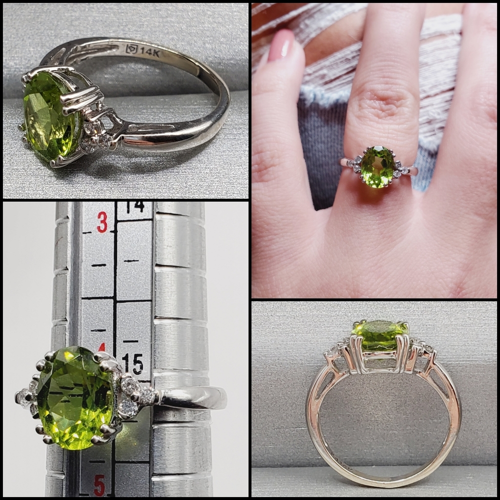 14k Solid White Gold Green Oval Peridot & Diamond Ring - Picture 2 of 3